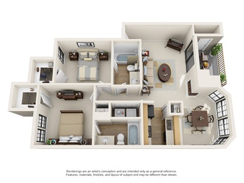 Floor plan for 2 beds, 2 baths, 905 sqft